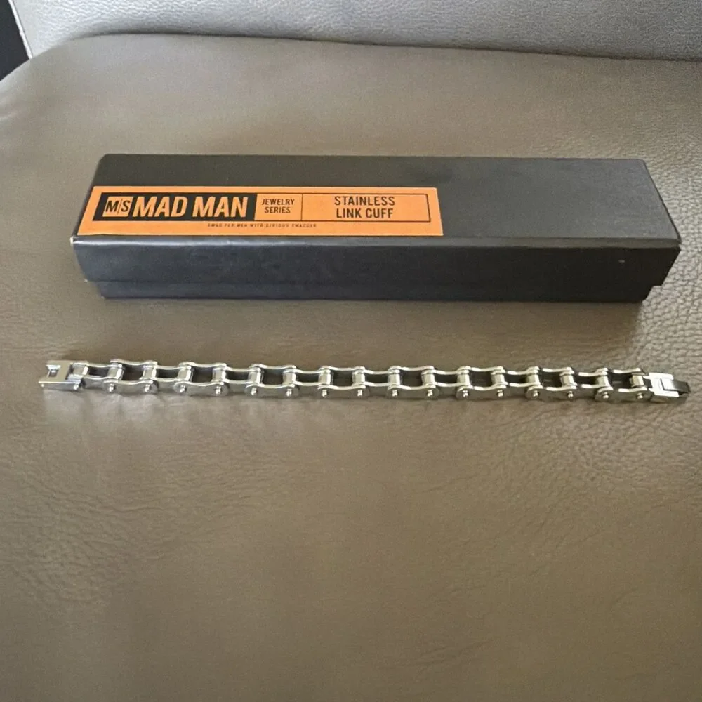 Mad Man Men’s Stainless Steel Link Cuff Bracelet Industrial Chain NIB 8.75”